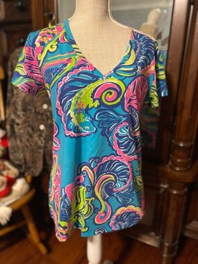 Lilly Pulitzer Teal Top with Pink, Lime & Navy Swirl Print, Size L